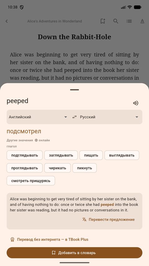 Перевод слова peeped прямо над текстом книги